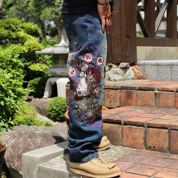 00s~ 風神雷神 和柄 刺繍 ウォッシュ 濃紺 バギーデニム y2k お兄系 00s 風神雷神 和柄 刺繍 デニム バギーパンツ 平成 お兄系 B系