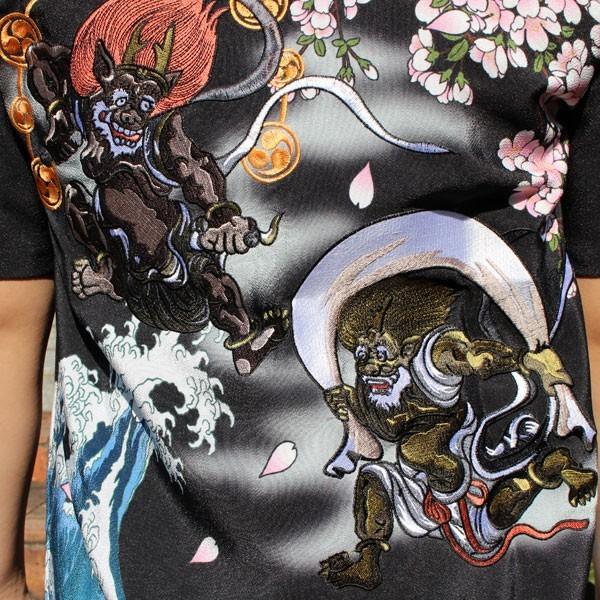 和柄Tシャツ アロハシャツ 和柄刺繍ジャガードアロハシャツ風神雷神柄