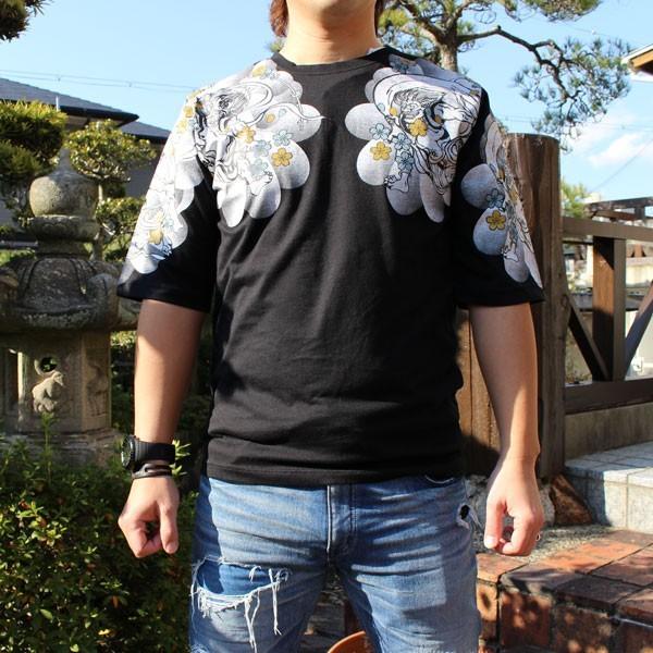 和柄Tシャツ 和柄メンズ 和柄刺繍七分丈Tシャツ風神雷神柄【T182-2