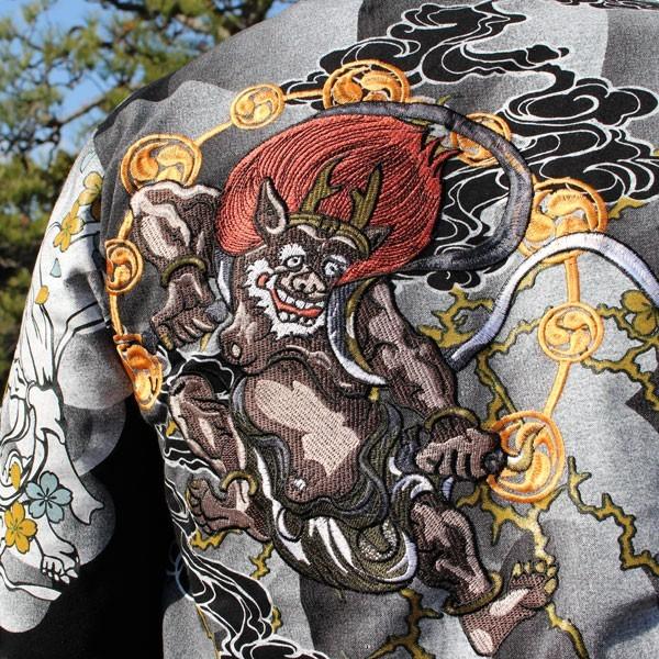 和柄Tシャツ 和柄メンズ 和柄刺繍七分丈Tシャツ風神雷神柄【T182-2