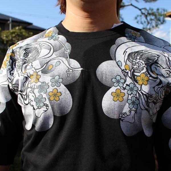 和柄Tシャツ 和柄メンズ 和柄刺繍七分丈Tシャツ風神雷神柄【T182