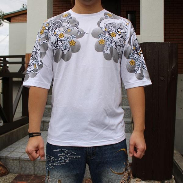 和柄Tシャツ 和柄メンズ 和柄刺繍七分丈Tシャツ風神雷神柄【T182