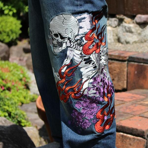 和柄 ジーンズ 和柄デニム 和柄刺繍ジーンズ 浮世絵髑髏柄【J201-6】和 
