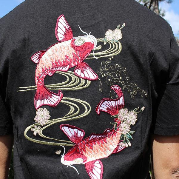 和柄tシャツ 和柄半袖Tシャツ 双鯉【YH22104BLK】和柄刺繍T 和柄tシャツ 和柄半袖Tシャツ 双鯉【YH22104BLK】和柄刺繍T
