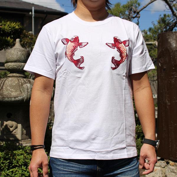 和柄tシャツ 和柄半袖Tシャツ 双鯉【YH22104WHT】和柄刺繍Tシャツ絡繰