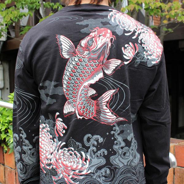 絡繰魂 3L 桃鯉滝登り 刺繍 和柄 ロングTシャツ 黒 2XL 和柄刺繍tシャツ 和柄長袖Tシャツ 和柄 Tシャツ【YH23302】鯉柄 和柄