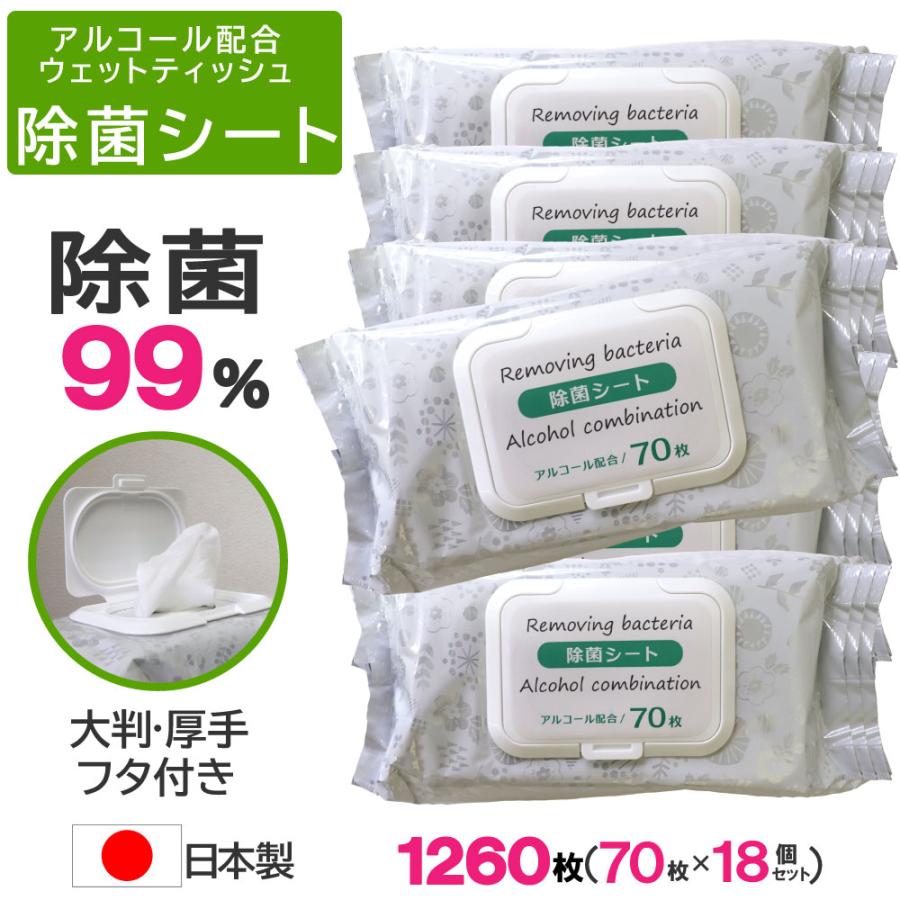 除菌シート アルコール ウェットティッシュ 70枚×18個 計1260枚 セット フタつき 大判 厚手180mm×200mm 業務用 日本製 爆買（Yahoo!・わごんせる）