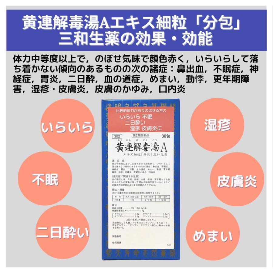 黄連解毒湯 Aエキス細粒「分包」三和生薬 30包 X 3 不眠症 湿疹 皮膚炎 神経症 鼻出血 胃炎 二日酔 めまい 動悸 更年期障害 第２類医薬品 市販薬｜wakantantragan-honpo｜02