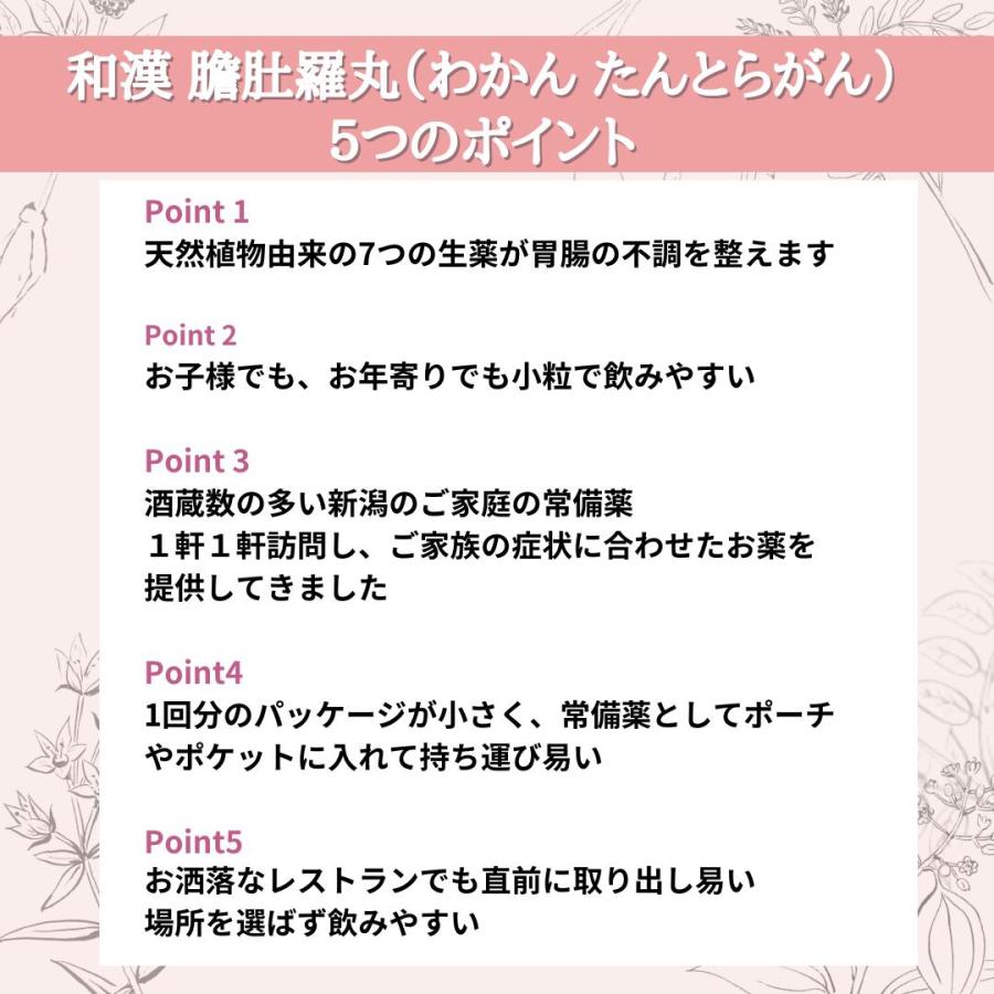 最大10％お得！ 市販薬 胃薬 市販 和漢 たんとらがん18%off！お試し 和漢 膽肚羅丸 初回限定 8包 胃もたれ 食欲不振 二日酔い 第３類医薬品 漢方 処方 胃腸薬｜wakantantragan-honpo｜05