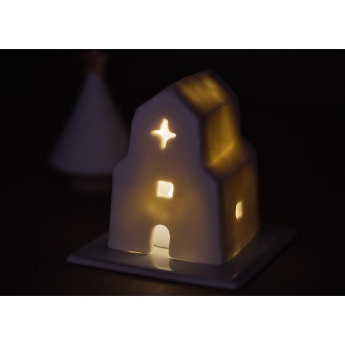 益子焼のキャンドルハウス 【教会】 LEDライト＆台座つき わかさま陶芸