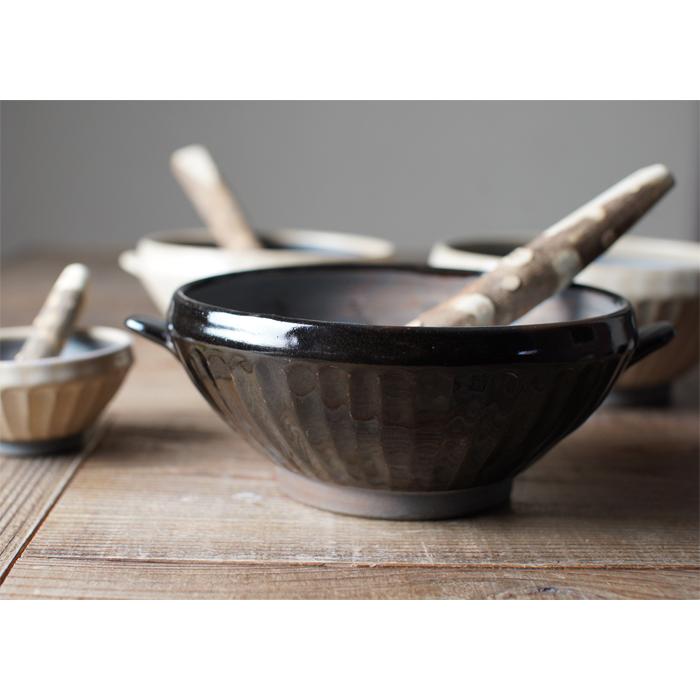 益子焼のすり鉢 【大サイズ/黒】 すりこぎ棒セット 陶器製 日本製