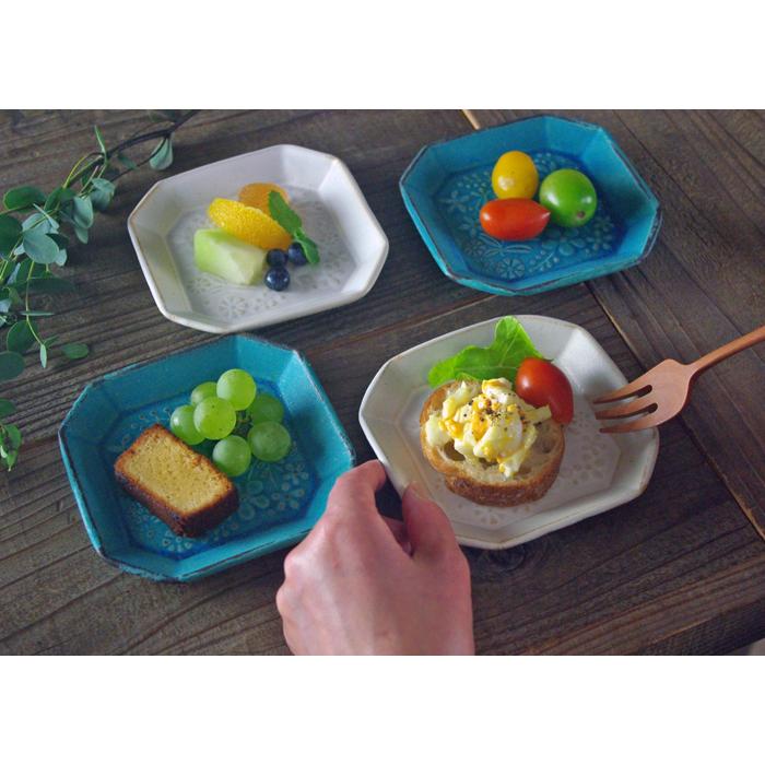 八角形の花柄皿 紫とクリーム色　陶楽1013 八角形の花柄皿 紫とクリーム色 陶楽1013