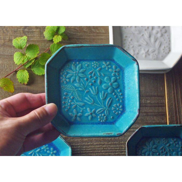 クッカ八角皿【小】シャビーターコイズ 益子焼 角皿 副菜皿 デザート皿