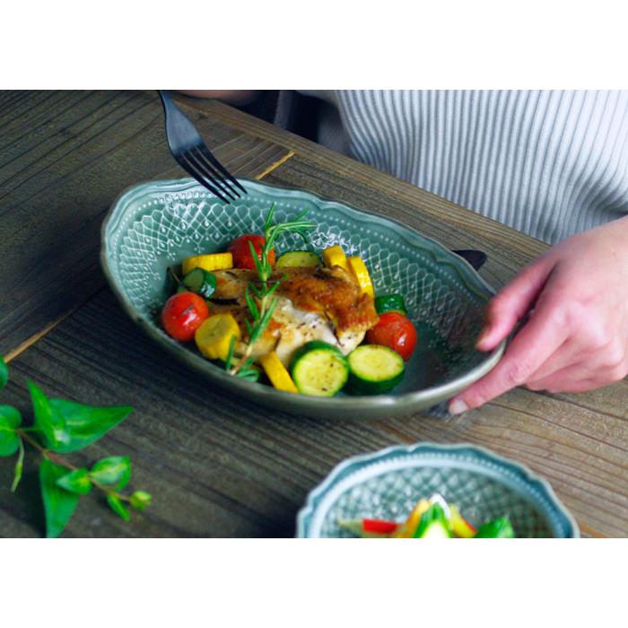 フレンチレース 楕円鉢 グレー 益子焼 レース模様 おしゃれ かわいい