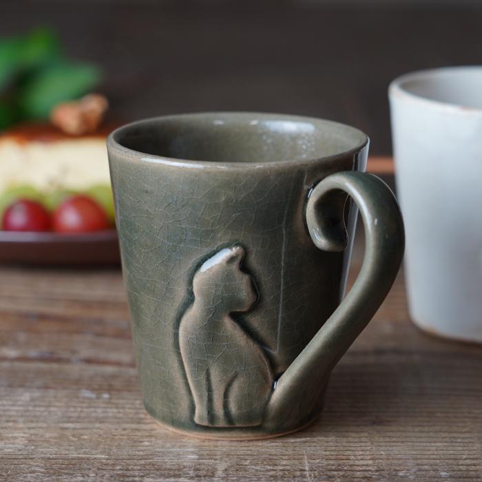 ねこのしっぽマグ グレー 益子焼 職人の手づくり 猫グッズ 猫モチーフ