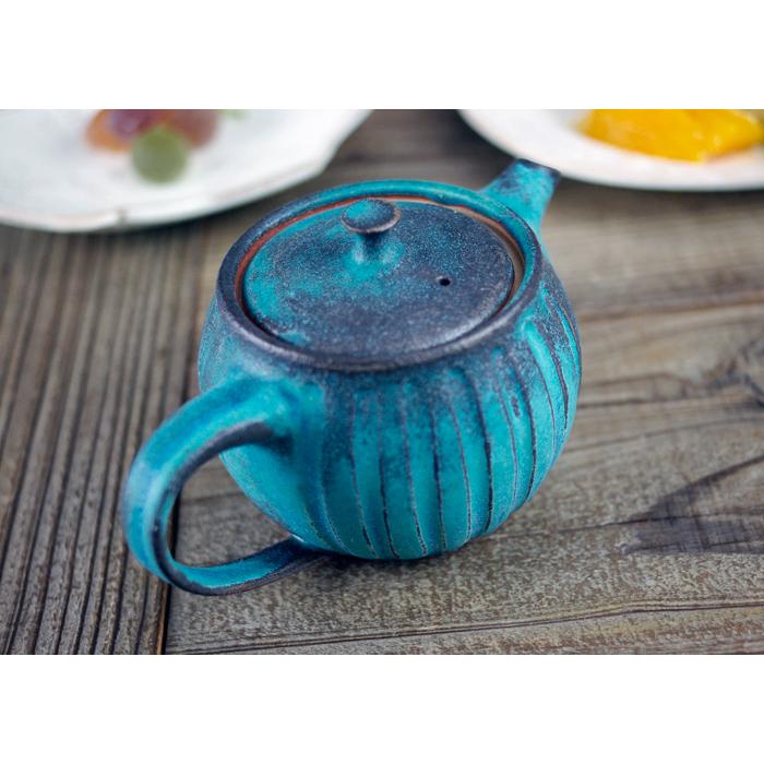 シャビーターコイズ ティーポット（小）益子焼 ☆ステンレス製茶漉し