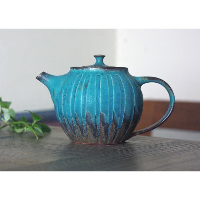 シャビーターコイズ ティーポット（大）益子焼 ステンレス製茶漉し付き