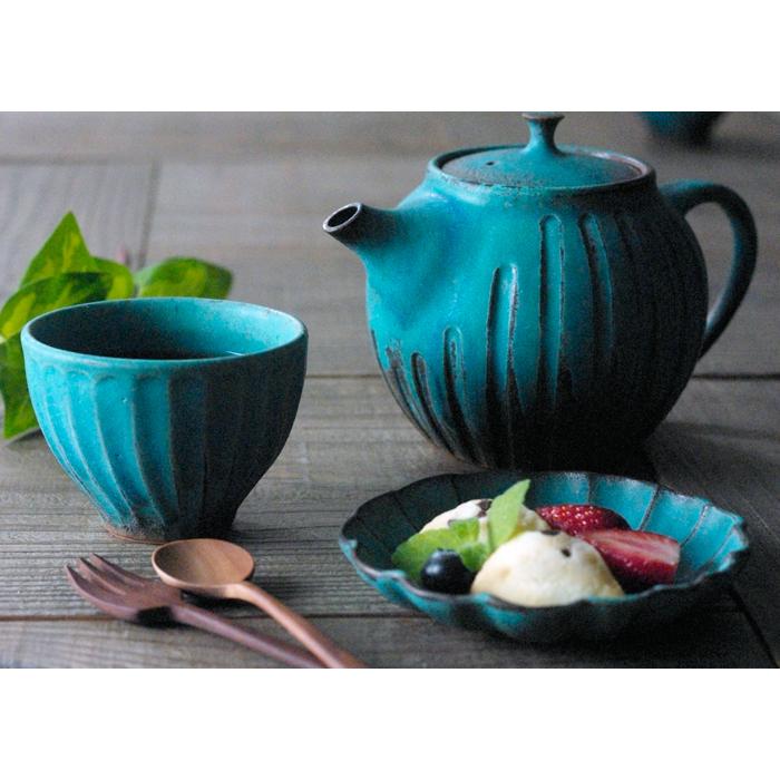 シャビーターコイズ ティーポット（大）益子焼 ステンレス製茶漉し付き