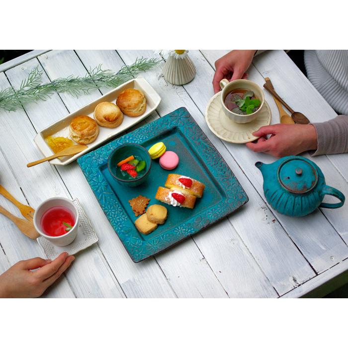 シャビーターコイズ ティーポット（大）益子焼 ステンレス製茶漉し付き