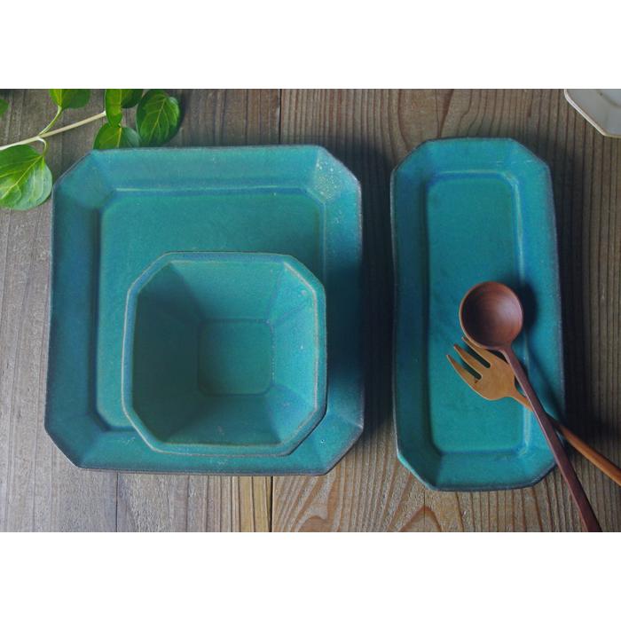 益子焼 長皿 シャビーターコイズ 長方形 角皿 八角形 ナチュラル