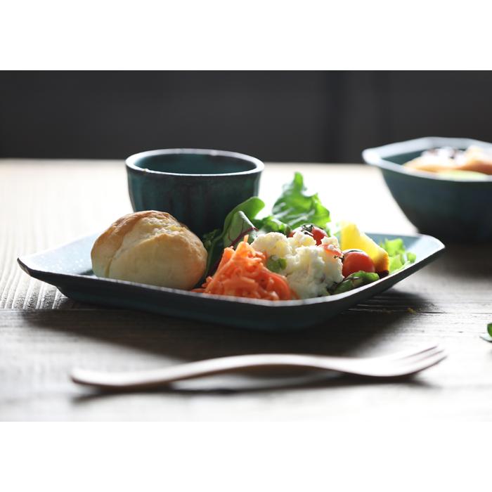 益子焼 八角オードブル皿 シャビーターコイズ スクエア 角皿