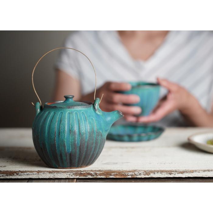 益子焼 真鍮ハンドルポット（大） シャビーターコイズ 茶こしつき 陶器