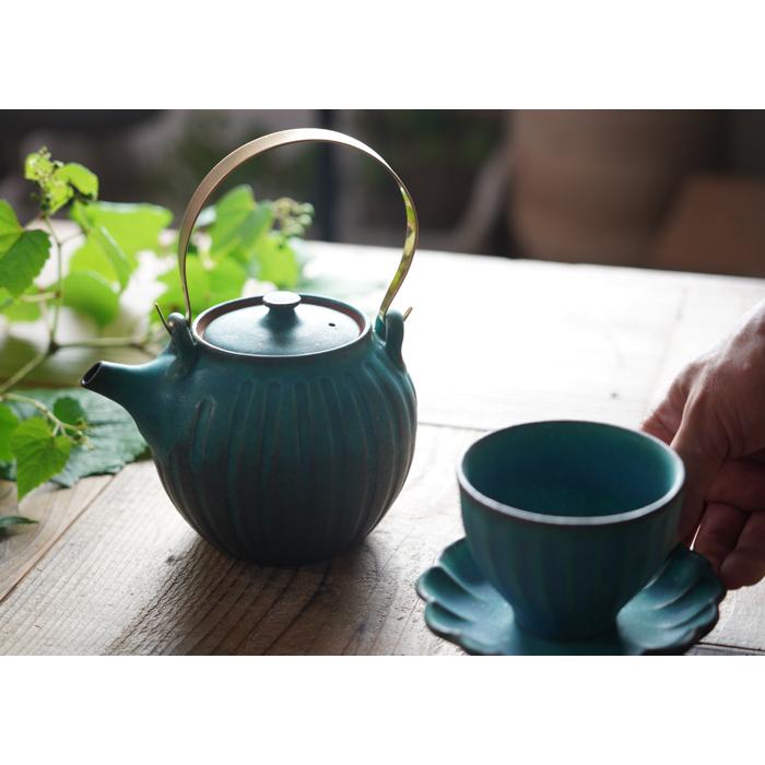 益子焼 真鍮ハンドルポット（大） シャビーターコイズ 茶こしつき 陶器