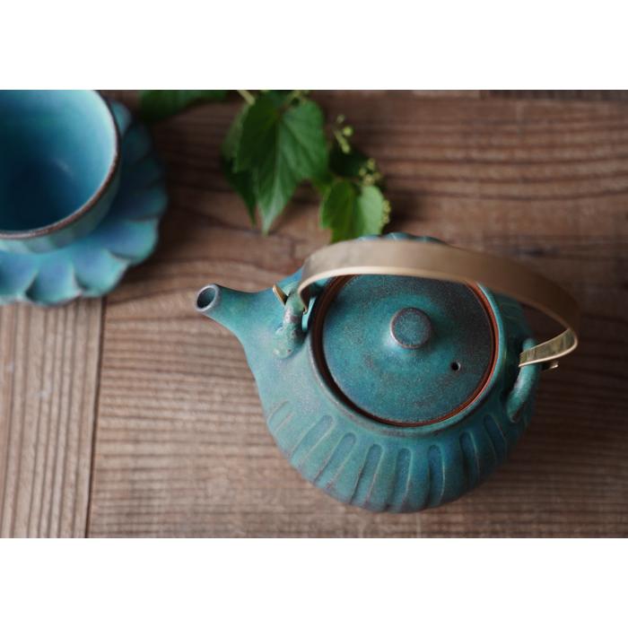 益子焼 真鍮ハンドルポット（大） シャビーターコイズ 茶こしつき 陶器