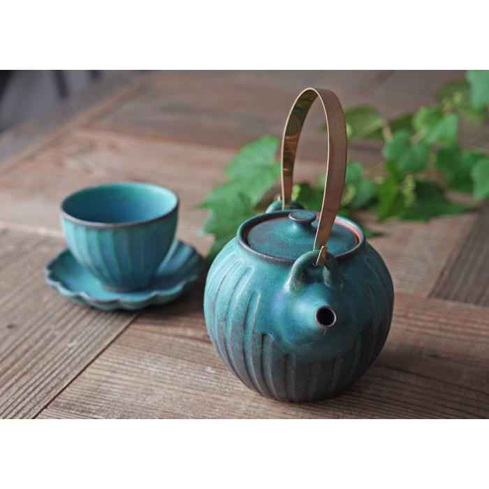益子焼 真鍮ハンドルポット（大） シャビーターコイズ 茶こしつき 陶器