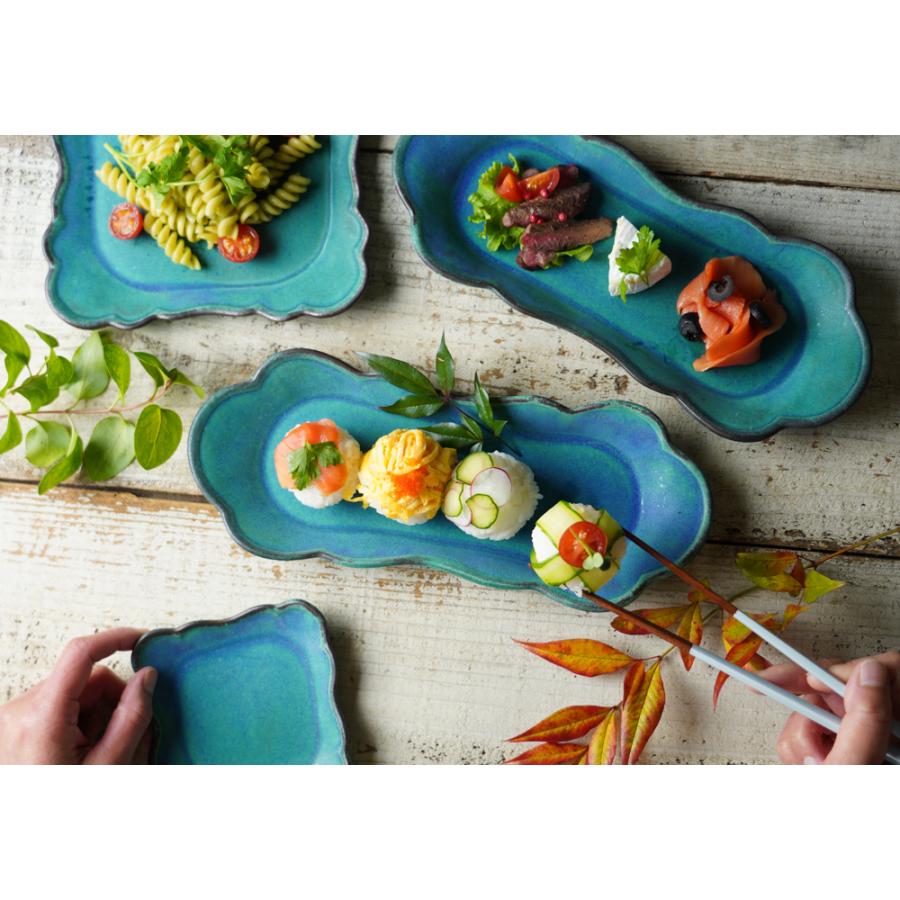 益子焼 もくもく皿（ロング）シャビーターコイズ 長皿 わかさま陶芸 雲