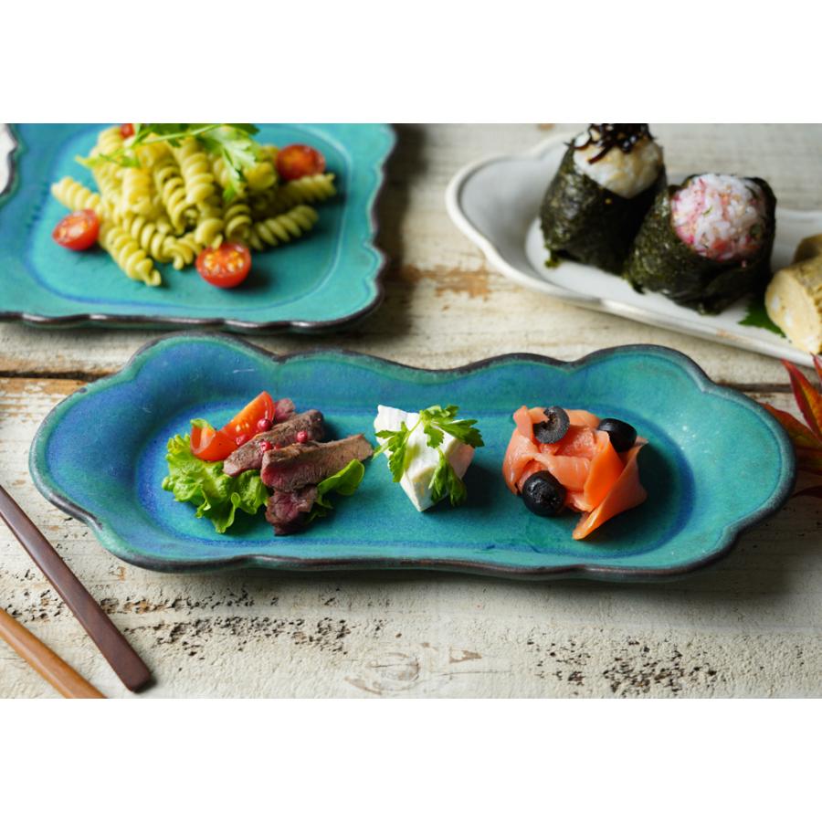 益子焼 もくもく皿（ロング）シャビーターコイズ 長皿 わかさま陶芸 雲