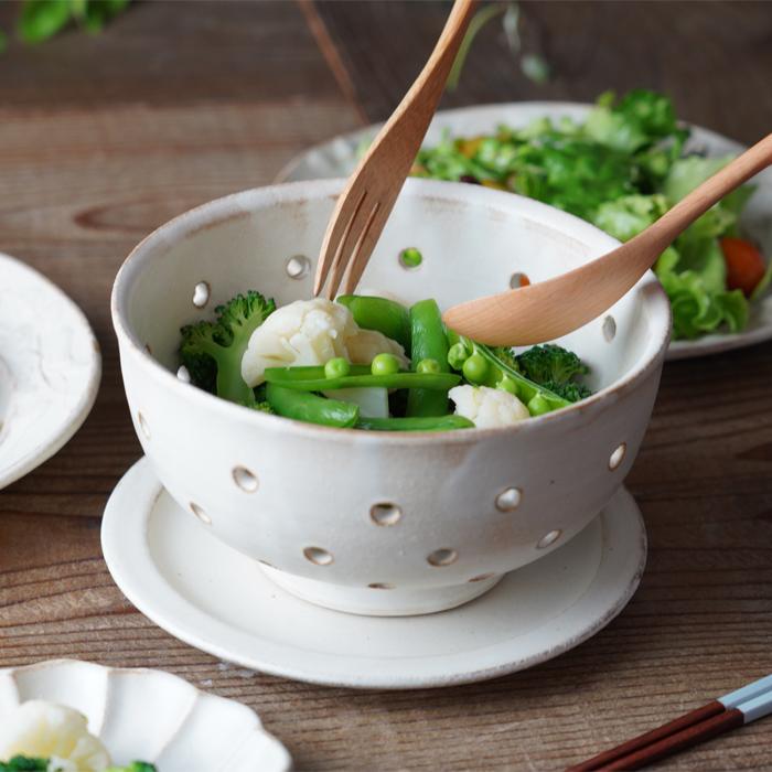 益子焼のザル kinari （プレートつき）穴あきボウル 水切りボウル 陶器