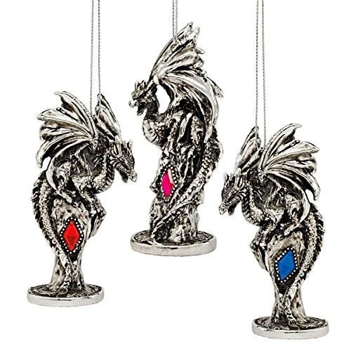 Design Toscano 3 Dragons of The Amesbury Holiday Gemstone Ornament Set, Silver