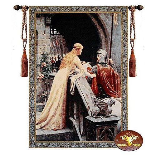 【在庫切れ】 レイトン卿の名画から、美しい幸運の女神 と、甲冑を着た中世騎士、ジャカード織りタペストリー/ Beautif