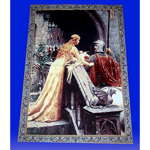 【在庫切れ】 レイトン卿の名画から、美しい幸運の女神 と、甲冑を着た中世騎士、ジャカード織りタペストリー/ Beautif