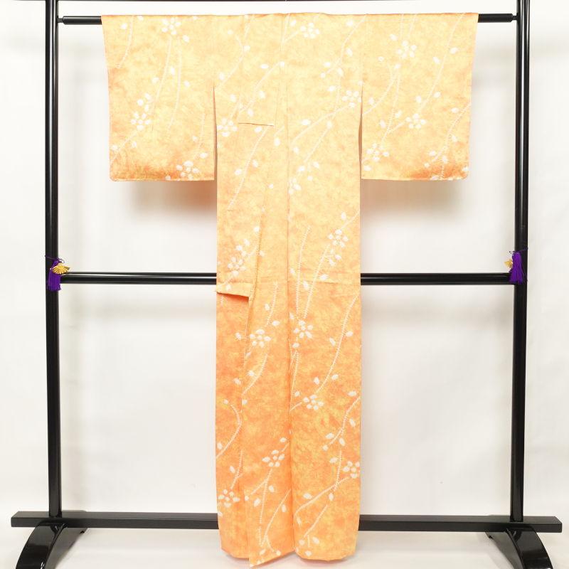 中古 小紋 しつけ糸付き 絞り 正絹 木の葉・植物柄 袷仕立て 橙 : 和 