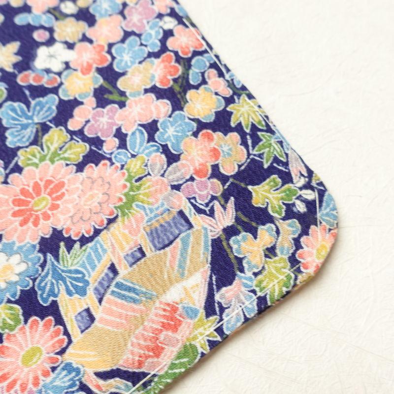 小紋 着物 袷 縮緬 ちりめん 型染 紺 古典柄 裄67 M 中古