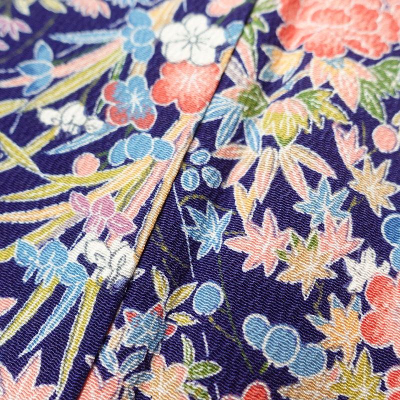 小紋 着物 袷 縮緬 ちりめん 型染 紺 古典柄 裄67 M 中古