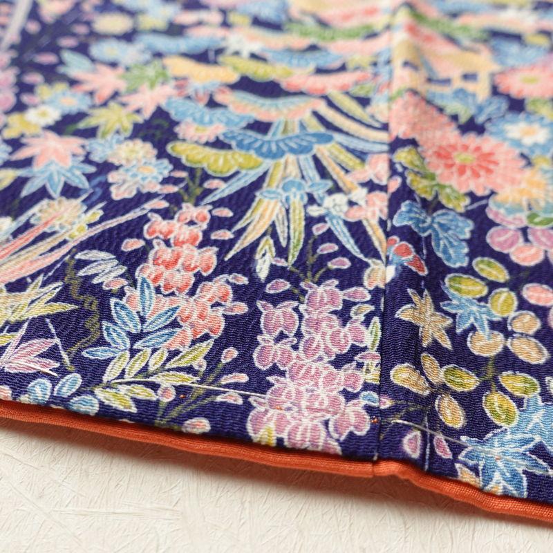 中古 小紋 縮緬 しつけ糸付き 総柄 正絹 古典柄 袷仕立て 青・紺