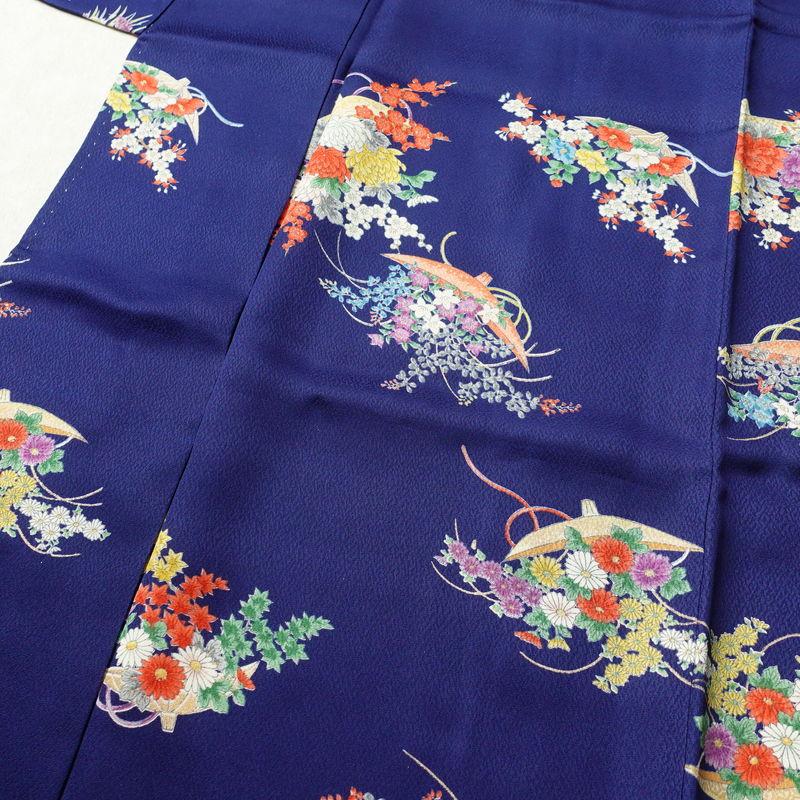 中古 小紋 しつけ糸付き 縮緬 正絹 花柄 袷仕立て 身丈161.5cm 裄丈 