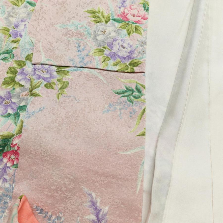 中古 小紋 総柄 正絹 花柄 袷仕立て 身丈164cm 裄丈66.5cm 金彩 ピンク_13