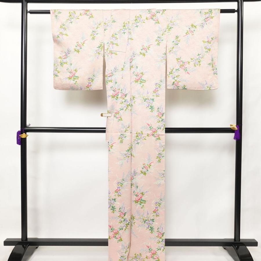 中古 小紋 総柄 正絹 花柄 袷仕立て 身丈164cm 裄丈66.5cm 金彩 ピンク_1