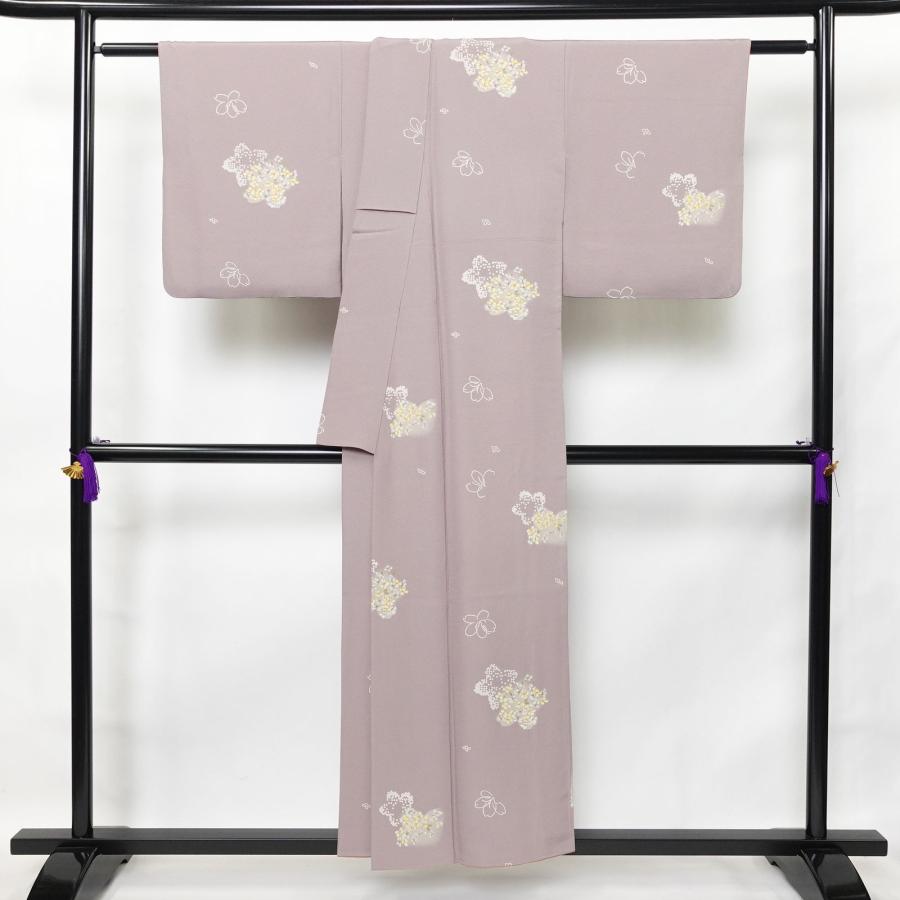 中古 小紋 縮緬 飛び柄 正絹 花柄 袷仕立て 身丈153cm 裄丈69cm 紫・藤 