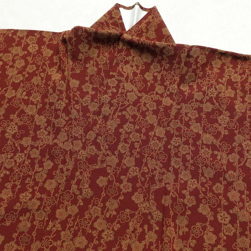 中古 小紋 縮緬 総柄 ポリエステル 花柄 袷仕立て 身丈157.5cm 裄丈63.5cm 小紋着物 小豆・エンジ_12