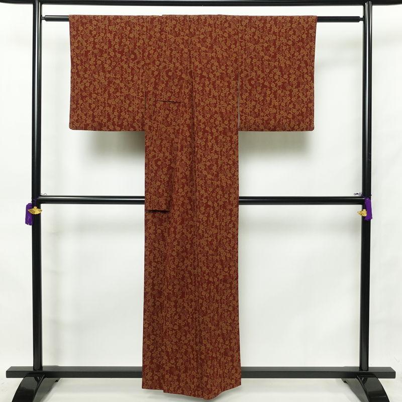 中古 小紋 縮緬 総柄 ポリエステル 花柄 袷仕立て 身丈157.5cm 裄丈63.5cm 小紋着物 小豆・エンジ_1