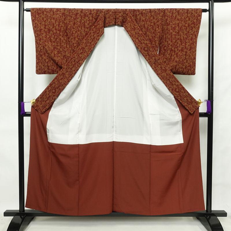 中古 小紋 縮緬 総柄 ポリエステル 花柄 袷仕立て 身丈157.5cm 裄丈63.5cm 小紋着物 小豆・エンジ_2