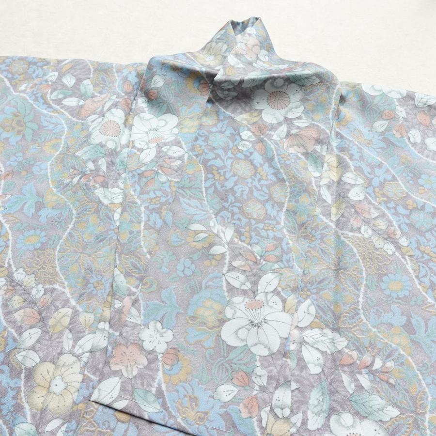 中古 小紋 しつけ糸付き ポリエステル 花柄 袷仕立て 身丈159cm 裄丈