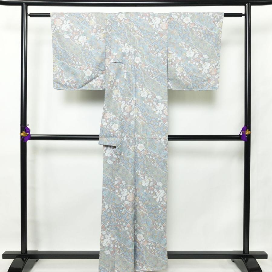 中古 小紋 しつけ糸付き ポリエステル 花柄 袷仕立て 身丈159cm 裄丈