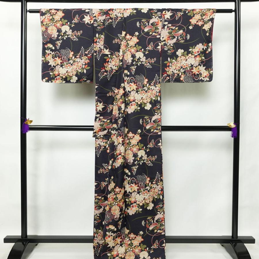 中古 小紋 美品 しつけ糸付き ポリエステル 花柄 袷仕立て 身丈167cm 