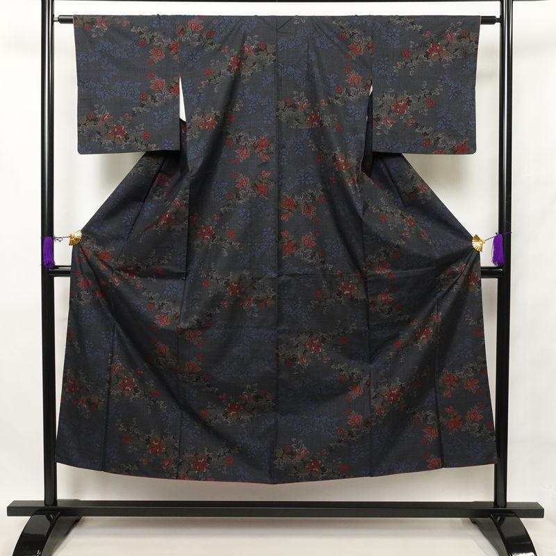 中古 紬 良品 正絹 紬着物 花柄 つむぎ 袷仕立て 青・紺 : 和ころも